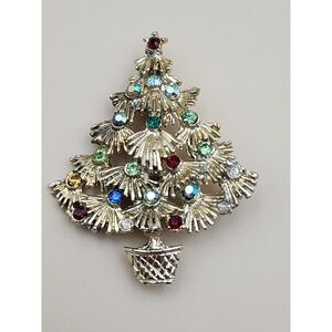 Holiday‎ Christmas Tree Pin Brooch Red Green Blue Gold Crystals Stones